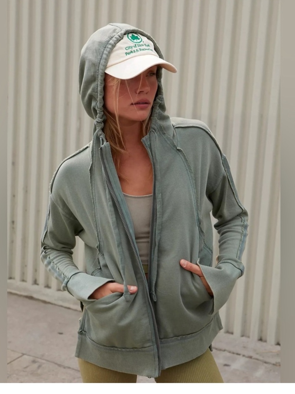 Free People Olive Green Zip-Up Hoodie